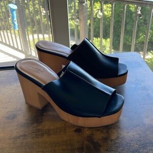 Black Leather and Light Wood Platform Clog Heels